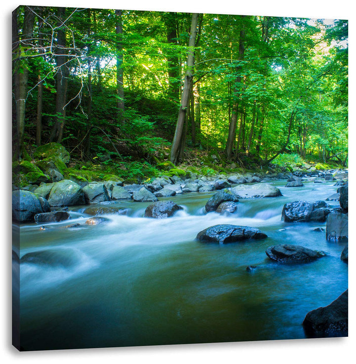 Fluss mit Steinen, Format: 70x70 auf Leinwand, XXL riesige Bilder fertig gerahmt mit Keilrahmen, Kun