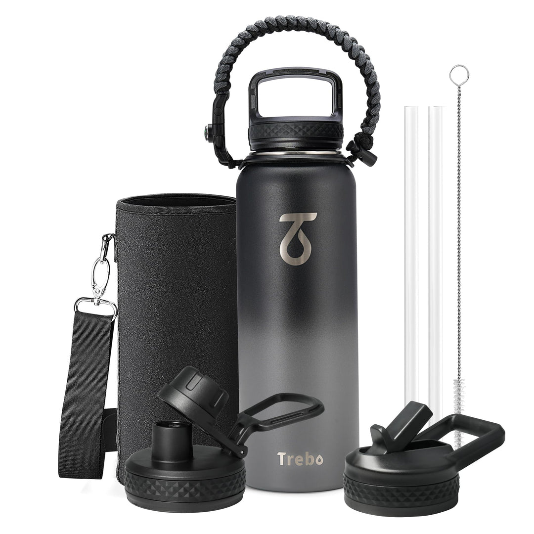 Trebo 1.2 L Edelstahl Trinkflasche Isoliert mit Paracord-Griff &amp; 3 Deckeln | Grosse Metall Wasserfla