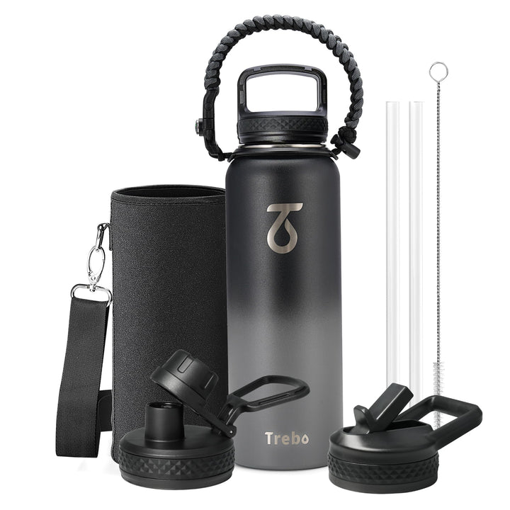 Trebo 1.2 L Edelstahl Trinkflasche Isoliert mit Paracord-Griff &amp; 3 Deckeln | Grosse Metall Wasserfla