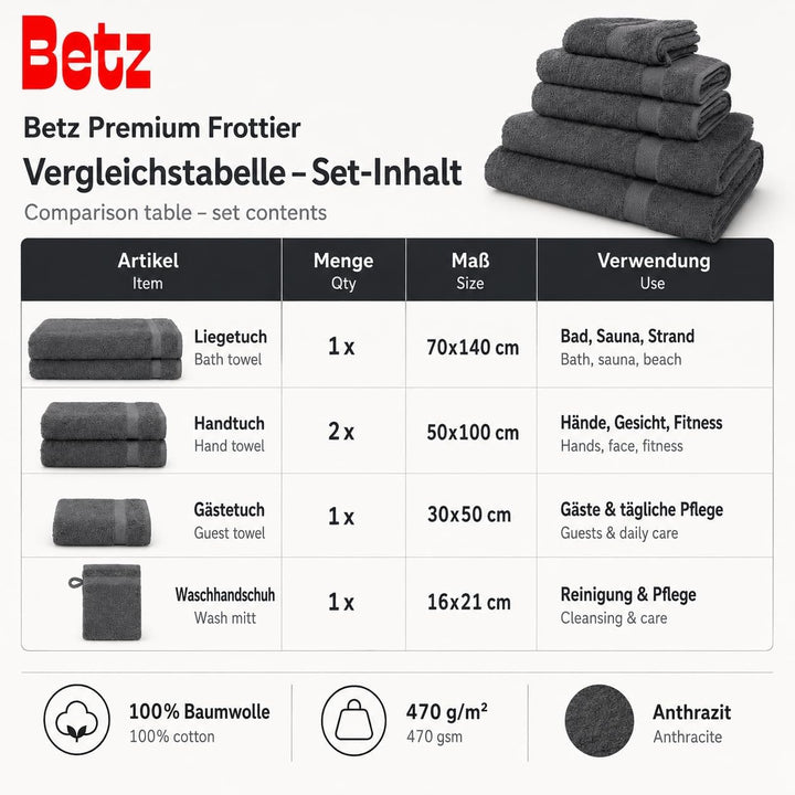 Betz 5-TLG. Handtuch-Set Premium 100% Baumwolle 1 Duschtuch 2 Handtücher 1 Gästetuch 1 Waschhandschu