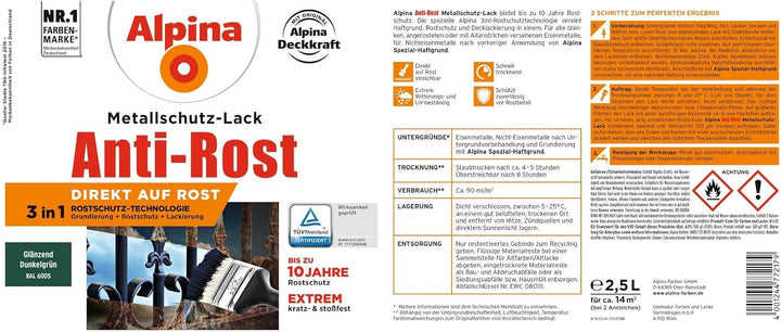 Alpina Metallschutzlack Anti-Rost Dunkelgrün 2,5 Liter glänzend 2.5 l (1er Pack) Dunkelgrün glänzend