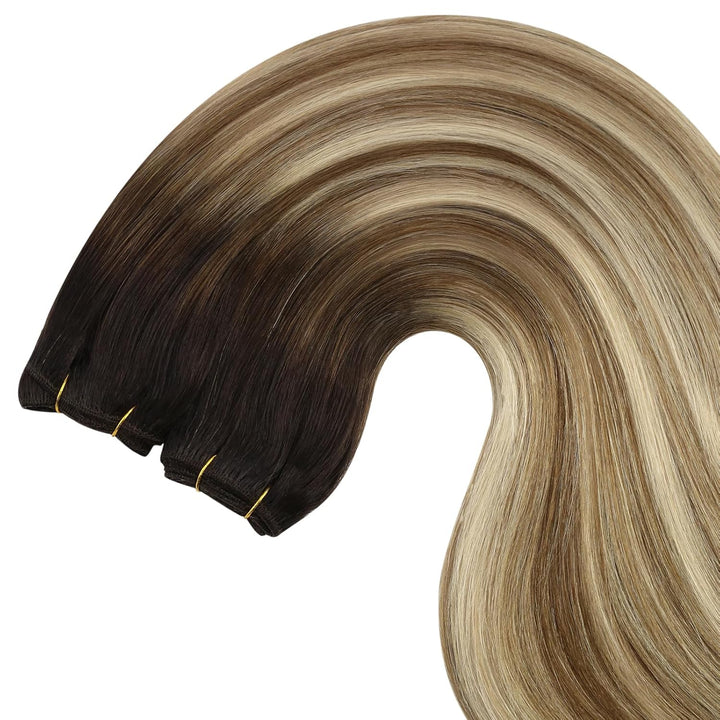 YoungSee Tressen Echthaar Balayage Echthaar Tressen zum Einnahen Braun Balayage Blond Weave Extensio