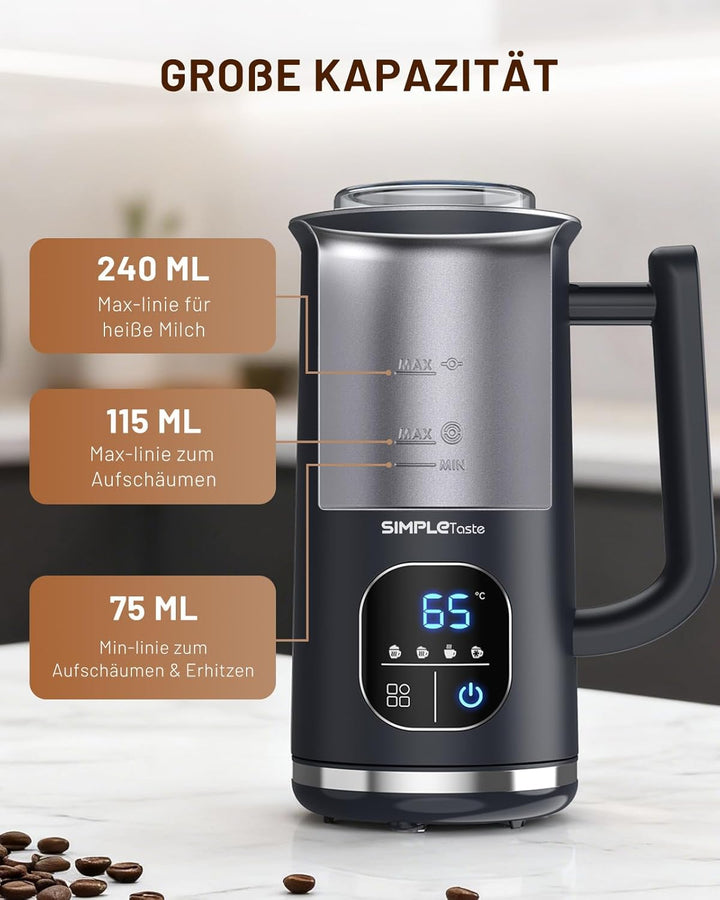 SIMPLETASTE Milchaufschäumer Elektrisch 4-in-1, Heisser & kalter Milchschaum, Milch erwärmen & Kakao