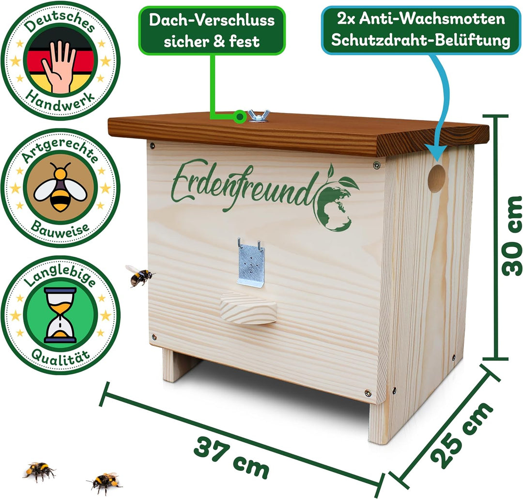 Erdenfreund® Hummelhaus mit Wachsmottenklappe + Fester Verschluss Räuberschutz Hummelhotel inkl. Nis