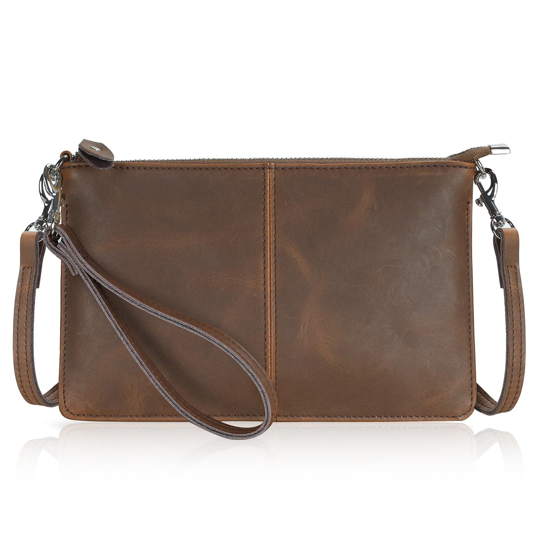 Befen Leder-Clutch, Geldbörse, kleine Umhängetasche für Damen Crazy Horse Leder - Braun, Crazy Horse