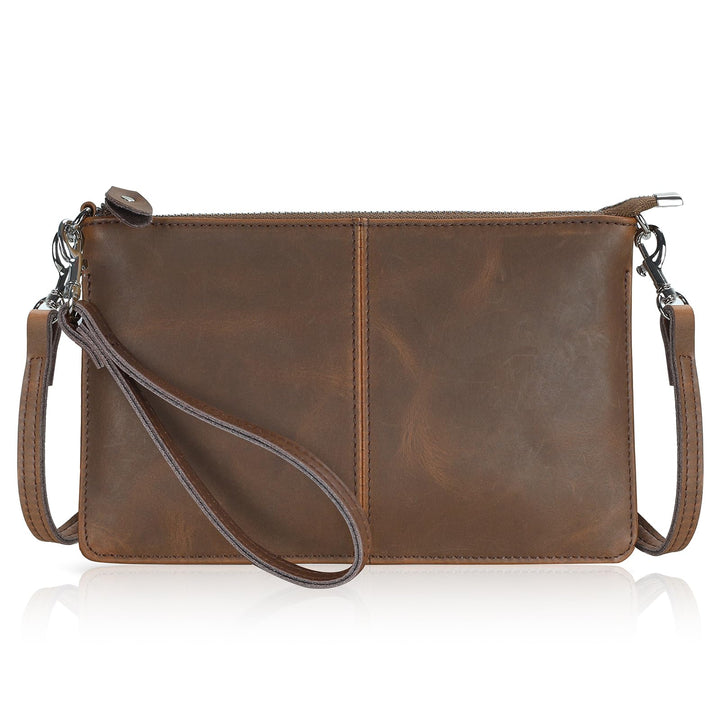 Befen Leder-Clutch, Geldbörse, kleine Umhängetasche für Damen Crazy Horse Leder - Braun, Crazy Horse