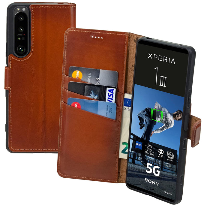 Suncase Book-Style Hülle kompatibel mit Sony Xperia 1 III 3 (2021) Leder Tasche (Slim-Fit) Lederhüll
