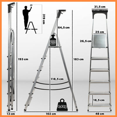 KADAX Aluminiumleiter, Stehleiter bis zu 125 kg, Stufenleiter, Klapptritt für Senioren, Alu-Sicherhe