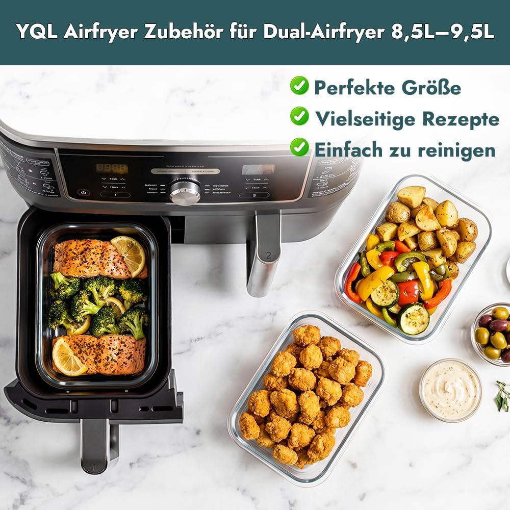 YQL Airfryer Zubehör für COSORI 2 Kammern 8,5L/Ninja Dual 9,5L, Borosilikatglas Auflaufform hitzebes