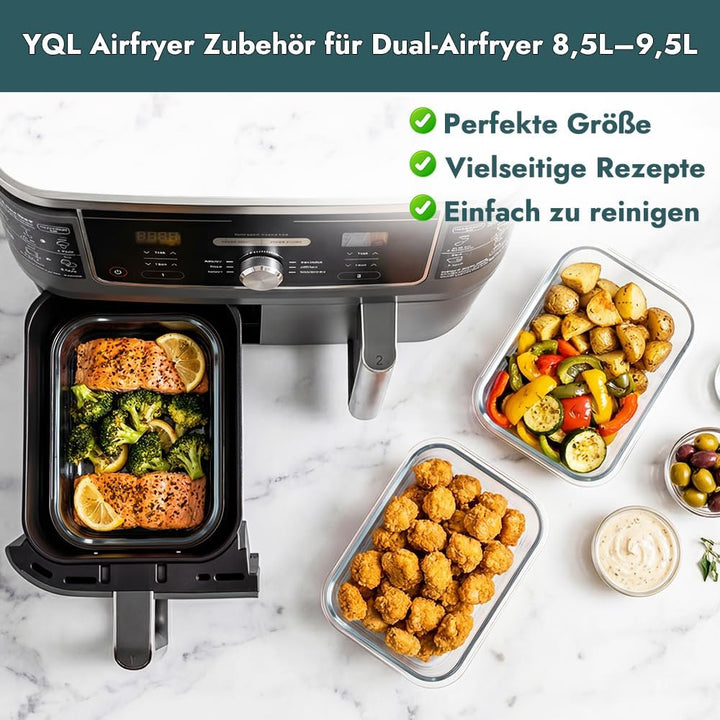 YQL Airfryer Zubehör für COSORI 2 Kammern 8,5L/Ninja Dual 9,5L, Borosilikatglas Auflaufform hitzebes
