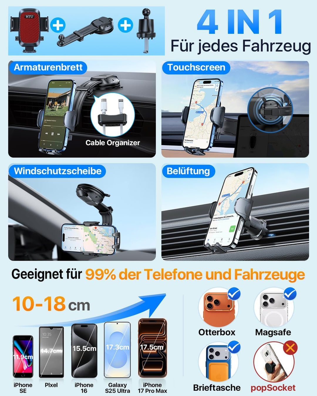 HTU【2026 Neuester Saugnapf &amp; Lüftung Biegsamer Arm Handyhalterung Auto【True Militär-Klasse】 360° Dre
