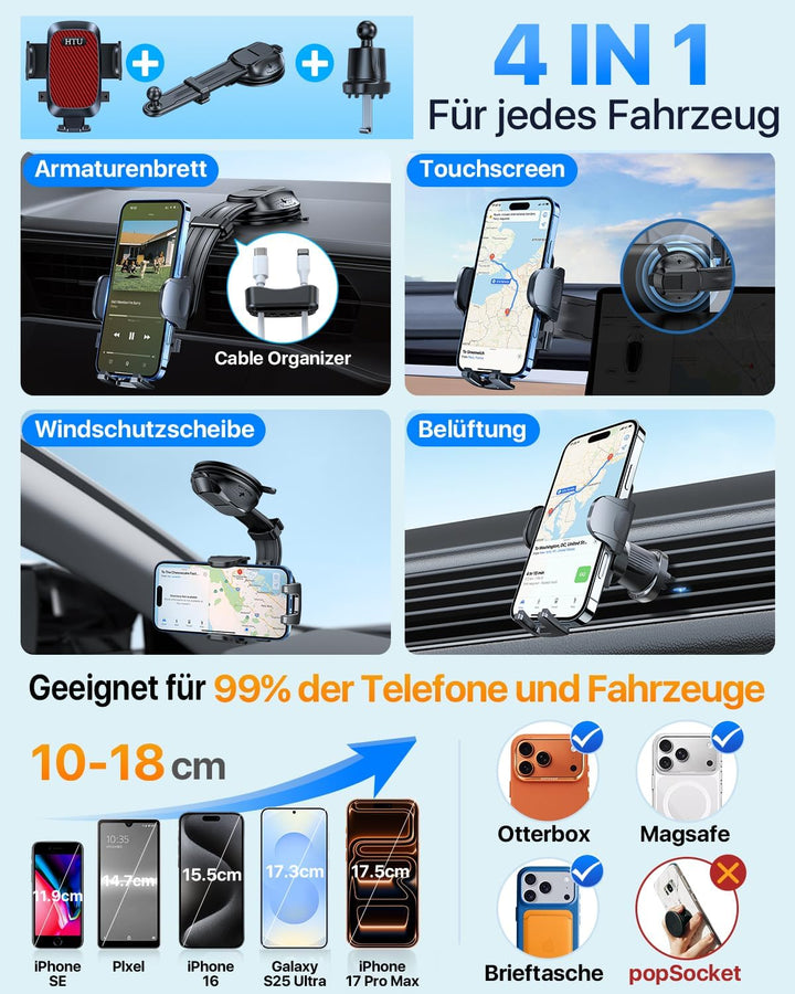 HTU【2026 Neuester Saugnapf &amp; Lüftung Biegsamer Arm Handyhalterung Auto【True Militär-Klasse】 360° Dre