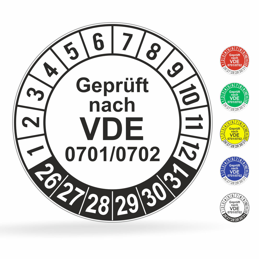 Fluxxx 560 Stk Prüfplaketten "Geprüft nach VDE", 20 mm Ø, Prüfetiketten nach DGUV V3, 2023-2028, sel