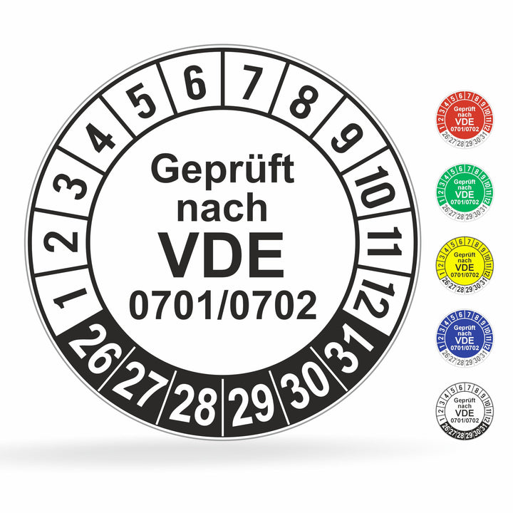 Fluxxx 560 Stk Prüfplaketten "Geprüft nach VDE", 20 mm Ø, Prüfetiketten nach DGUV V3, 2023-2028, sel