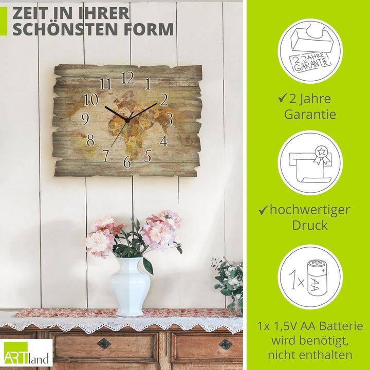 ARTLAND Wanduhr ohne Tickgeräusche aus Holz Funkuhr 40x30 cm Rechteckig Lautlos Weltkarte Kontinente