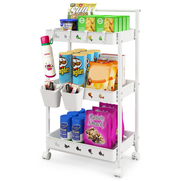 GOPLUS 3-Ebenen Rollwagen, Servierwagen mit Universalrädern, Griff, 2 Aufbewahrungsboxen, 4 Haken, O