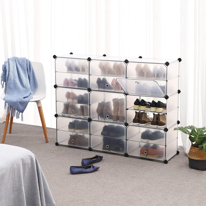 SONGMICS Würfelregal mit Tür, Schuhregal, Regalsystem aus Kunststoff, mit Trennwänden, Gummihammer i