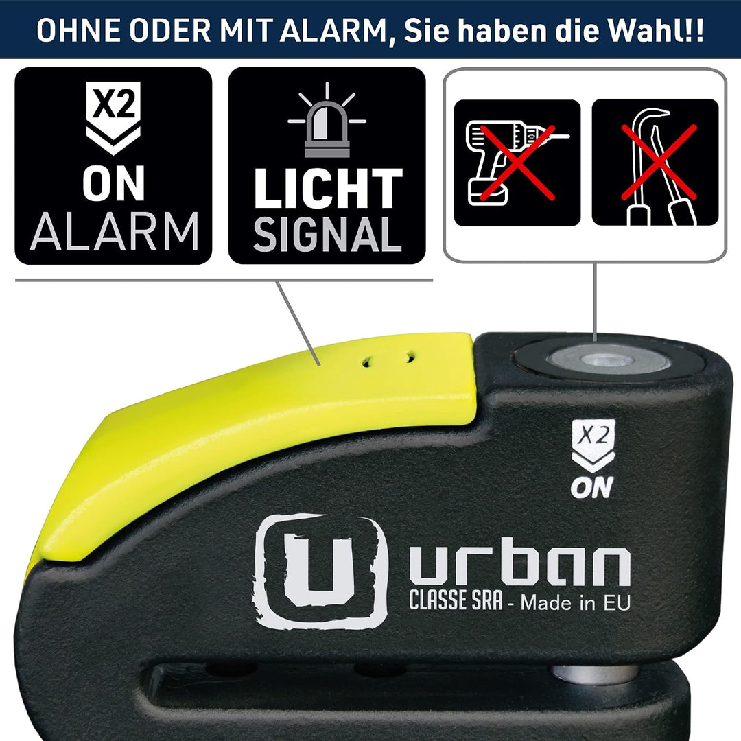 URBAN 999 Hi-Tech Bremsscheibenschloss mit Alarm 120dB ON/OFF Empfindlichkeit A+, Maximale Sicherhei
