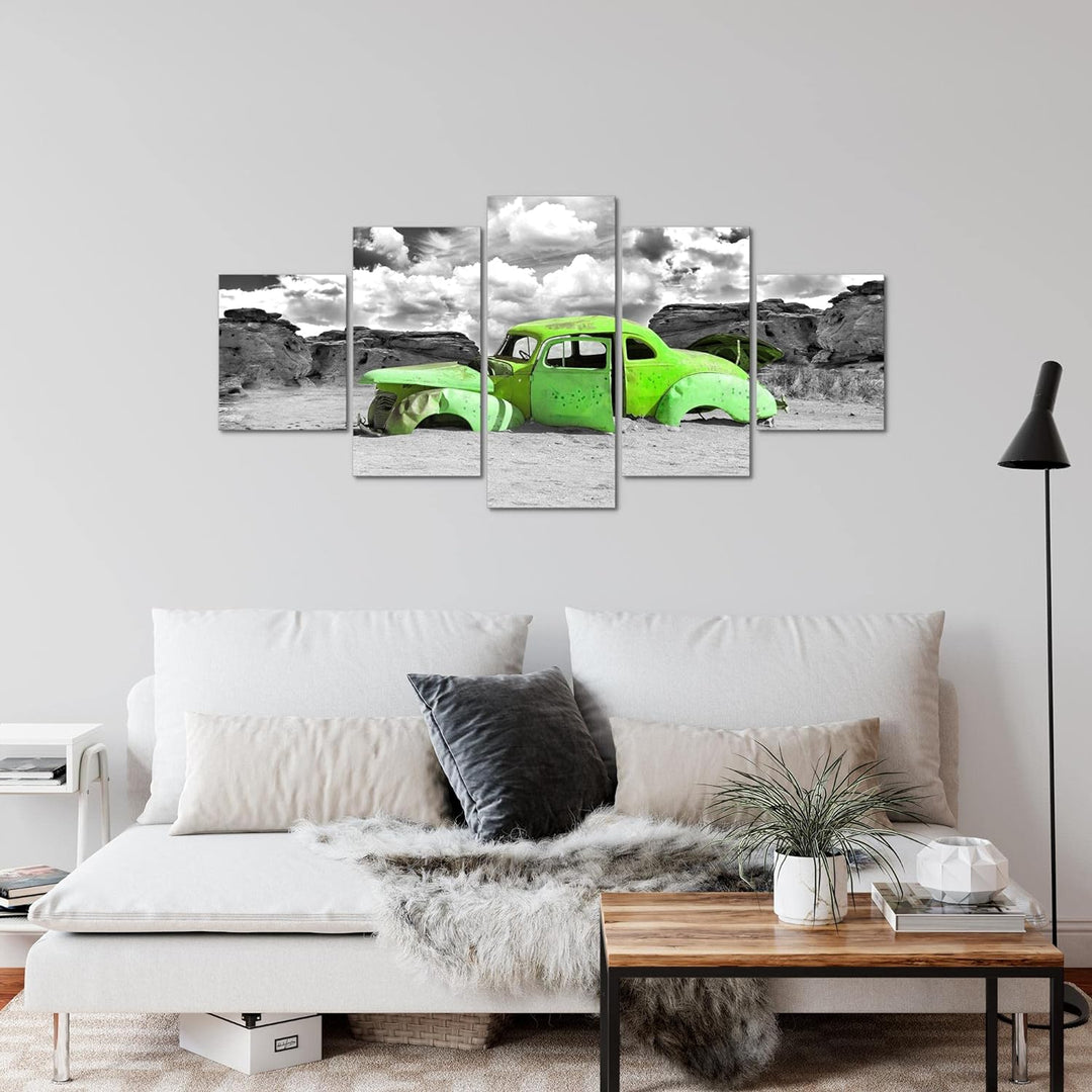 Runa Art Wandbilder Auto Oldtimer 5 Teilig Bild auf Vlies Leinwand Deko Wohnzimmer Vintage Grün Grau