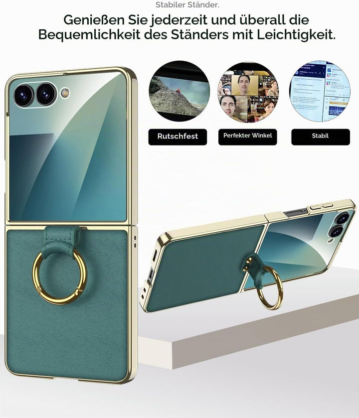 Miimall Lederhülle Kompatibel mit Samsung Galaxy Z Flip 7 Hülle mit Band+Ring Ständer [HD Displaysch
