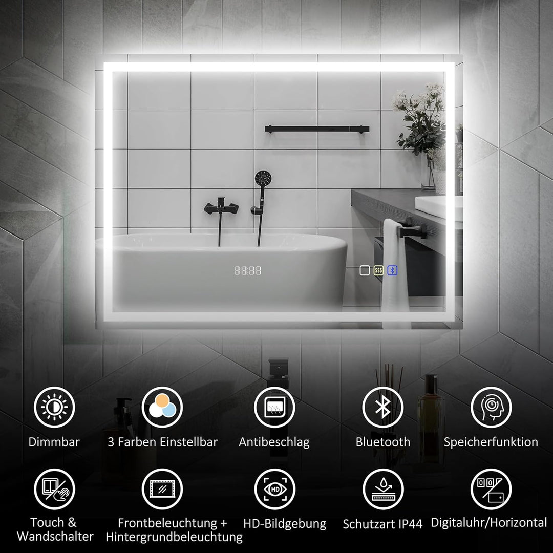 HOMCOM Badspiegel mit Beleuchtung 80x60 cm LED Spiegel Wandspiegel mit Bluetooth-Musikfunktion Memor