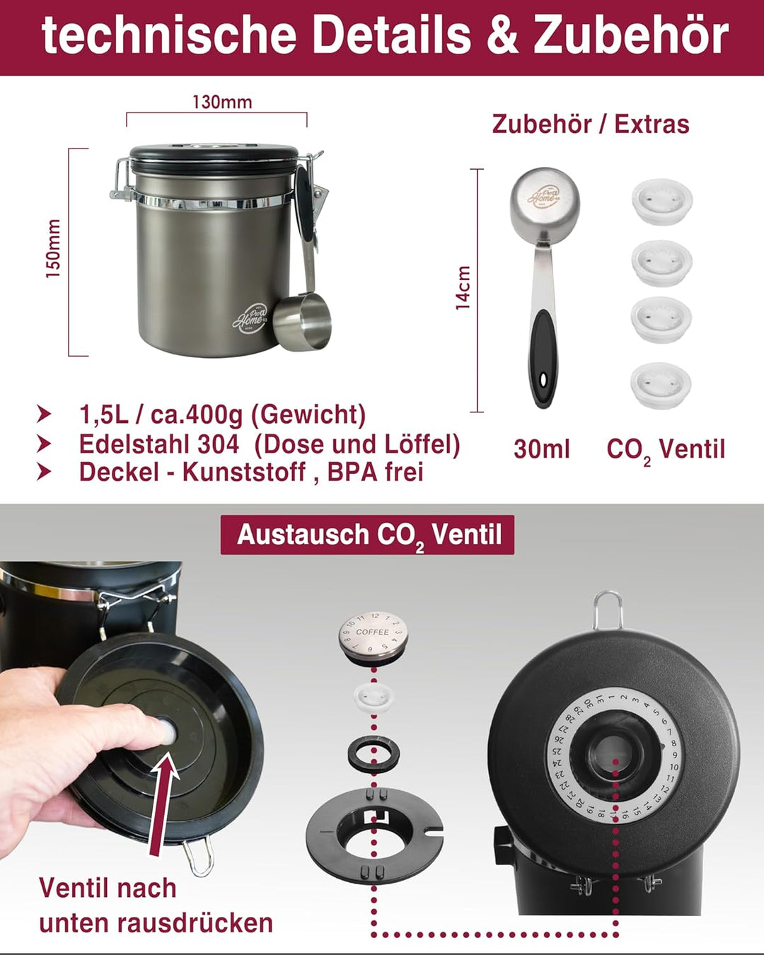 Kaffeedose luftdicht 500g - Gun Metal - Kaffeebohnen Vorratsbehälter 1,5L aus Edelstahl mit Kalender