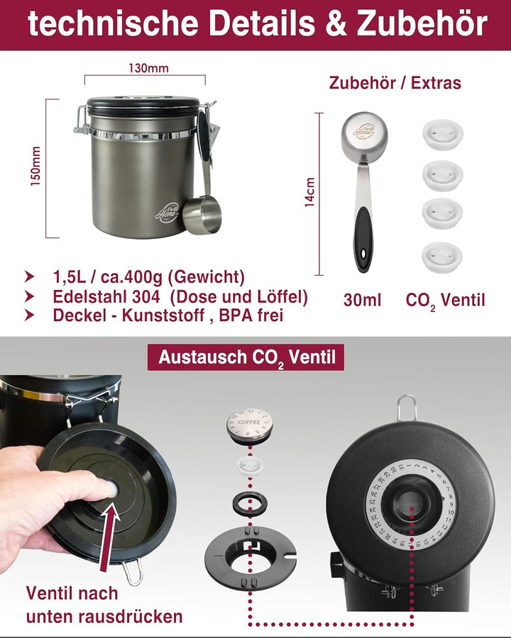Kaffeedose luftdicht 500g - Gun Metal - Kaffeebohnen Vorratsbehälter 1,5L aus Edelstahl mit Kalender
