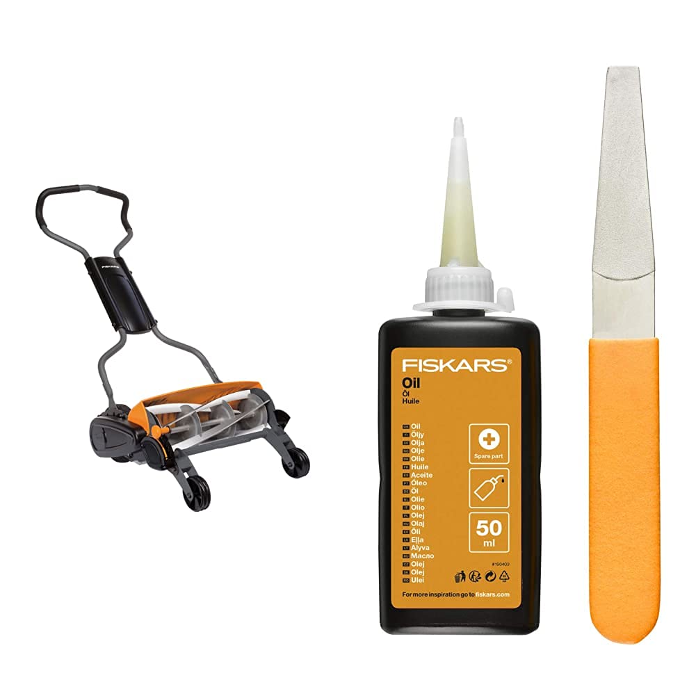 Fiskars Spindelmäher, Rasenmäher mit berührungslosem Schneidesystem, Schnittbreite: 46 cm, Schwarz/O
