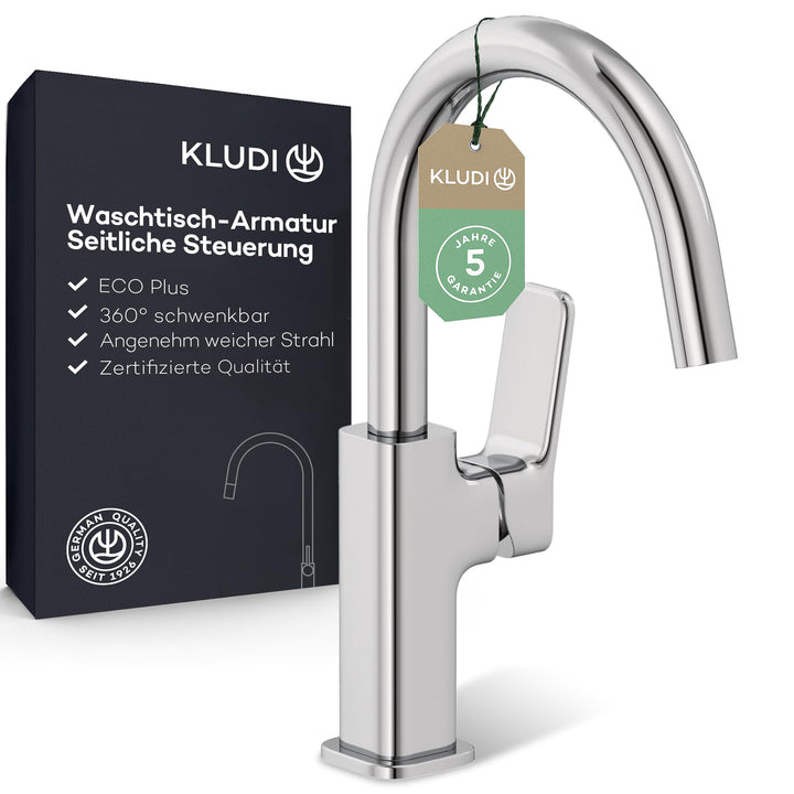 KLUDI-X3 Waschtischarmatur, 360° schwenkbar, Auslaufhöhe 180 mm, wassersparender Wasserhahn Bad Grös