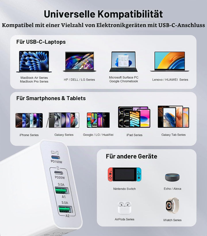 100W 6-Port Adapter Mehrfach Ladegerät mit USB-C und USB-A, Schnellladegerät PD 3.0 Charger Power Ne