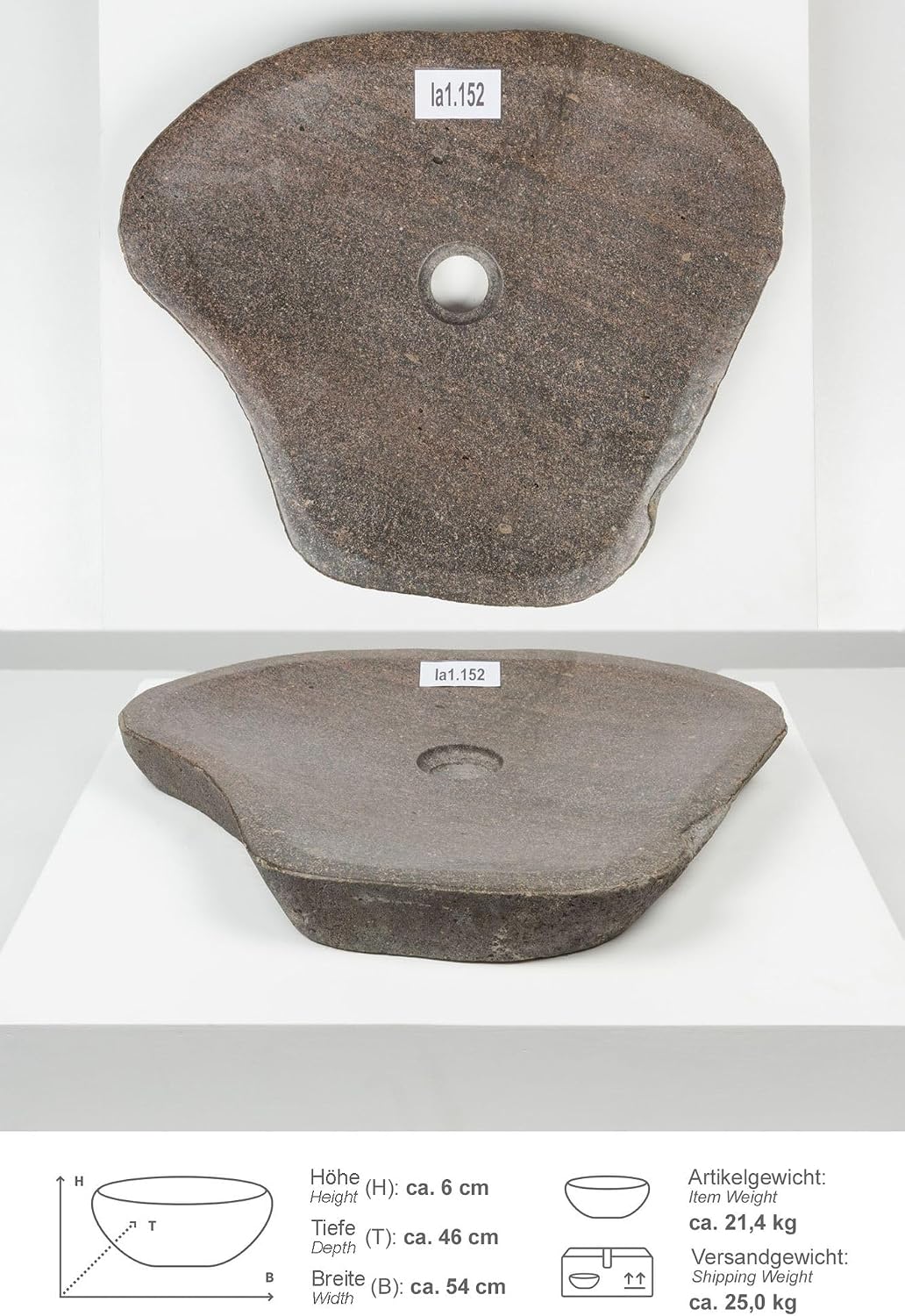 Waschbecken flach Stein 50 Naturstein Flussstein Aufsatzwaschbecken für Bad Gäste WC Garten Steinwas