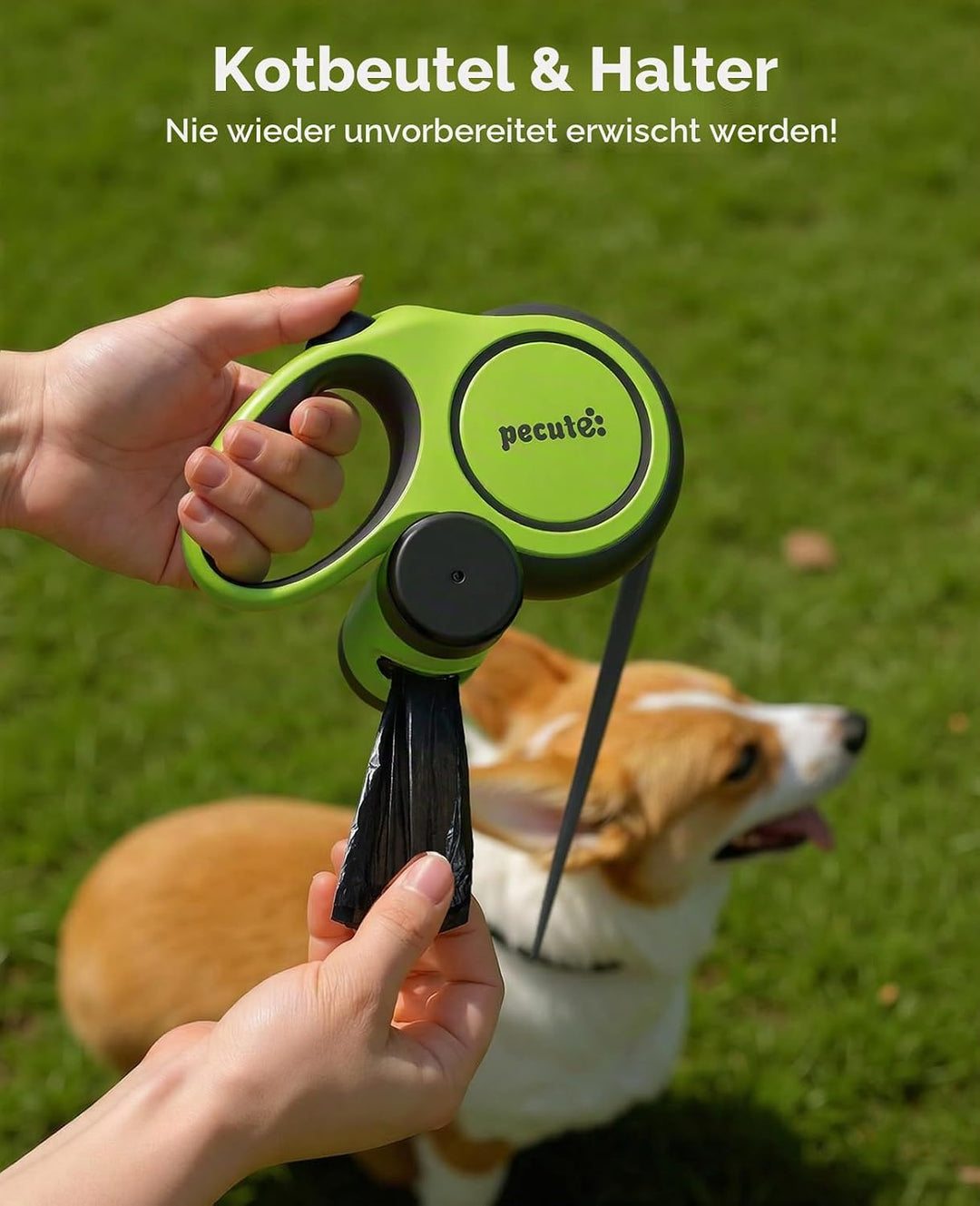 pecute Hundeleine 5m mit Bissfestem Kabel 46cm| Leicht Rollleine Reflektierende für Hund mit Kotbeut