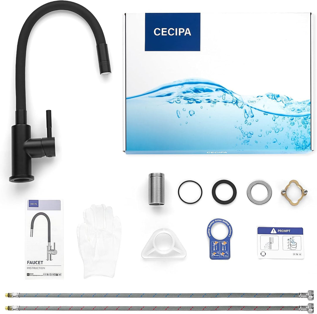 CECIPA Flexibler Wasserhahn, schwarz, für die Küche, mit 2 Strahlarten, Einhebelmischer, klappbar, W