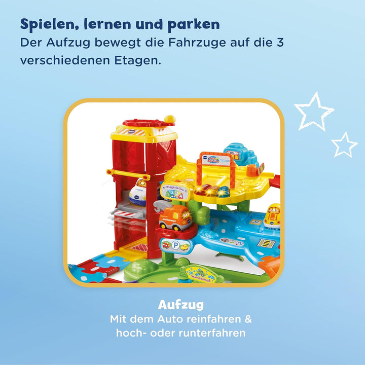 VTech Baby Flitzer - Parkgarage – Interaktives Spielzeug mit Abschleppwagen, Aufzug, Rutsche, Tankst