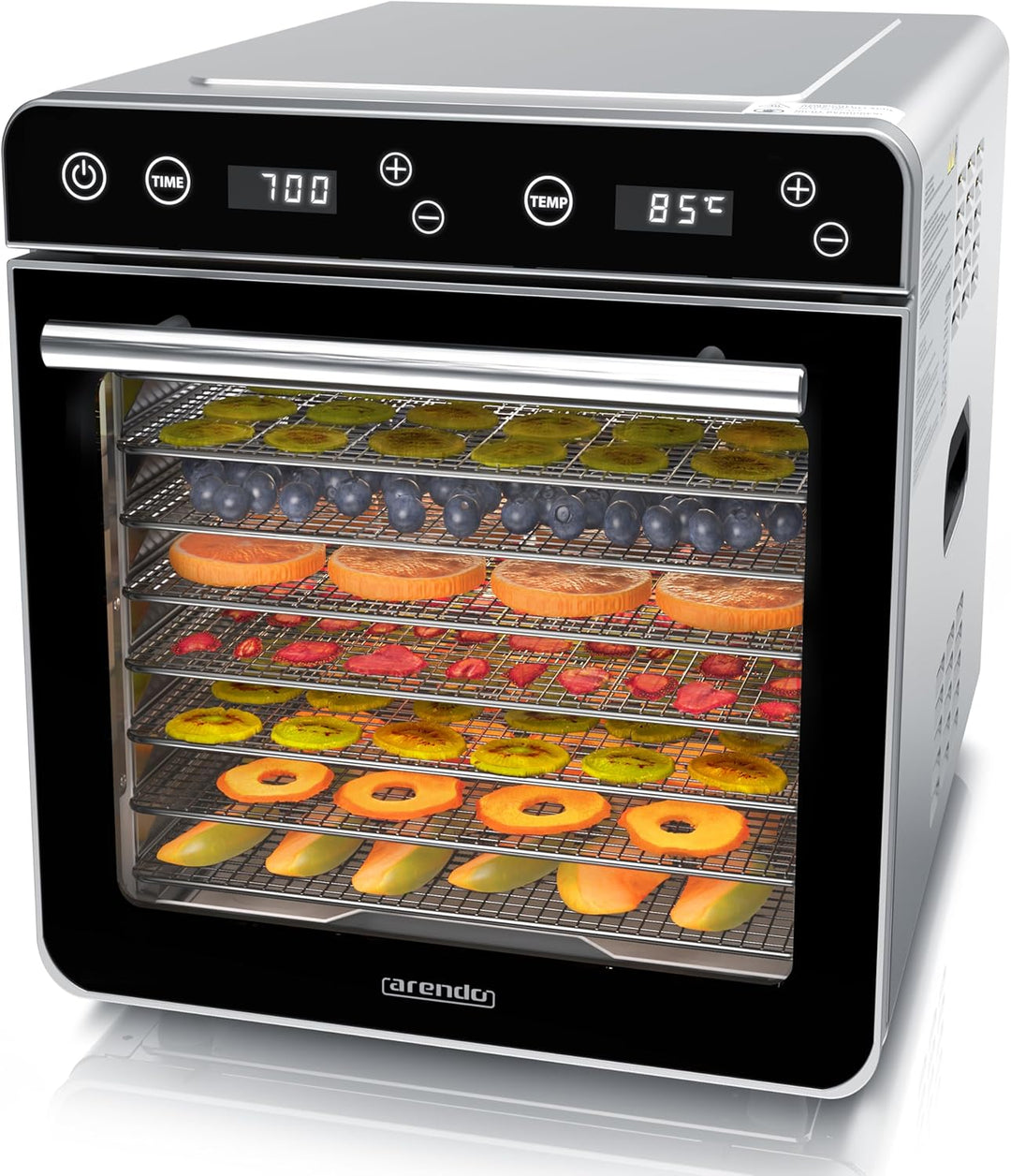 Arendo - Dörrautomat Edelstahl mit 8 Edelstahlgitter - 700 W - 35°-85°C - 8 Edelstahl Einlegetablett