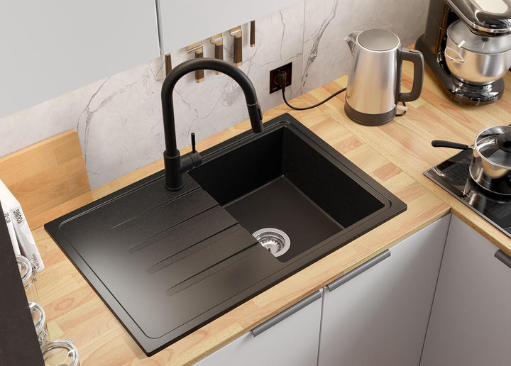 Granitspüle Schwarz 78x50 cm, Spülbecken + Ablauf-Set + Küchenarmatur 9050, Küchenspüle für 45er Unt