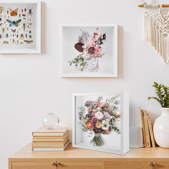 2 Stück Tiefer Bilderrahmen zum Befüllen 25x25cm, 3D Objektrahmen Weiss 5cm Innenabstand, Moderner F