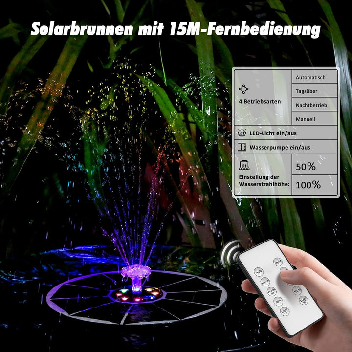 AISITIN 6.5W LED Solar Springbrunnen für Aussen mit Fernbedienung, Solar Schwimmender Fontäne Pumpe