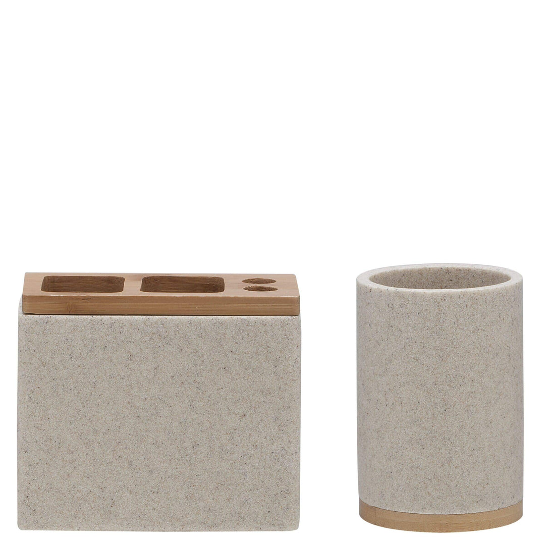 Sealskin Becher Grace, Zahnputzbecher aus Polyresin, Farbe: Sand + Zahnbürstenhalter Grace für elekt