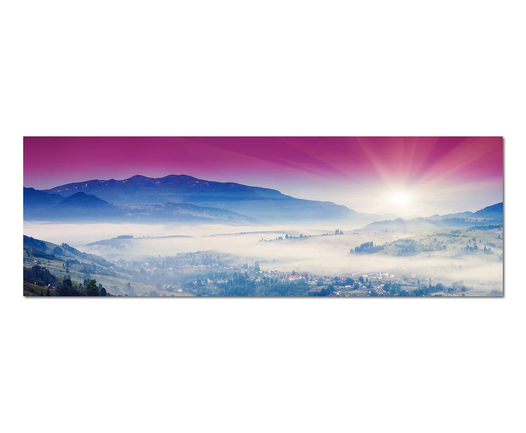Paul Sinus Art Panoramabild auf Leinwand und Keilrahmen 150x50cm Ukraine Berge Nebel Sonnenuntergang