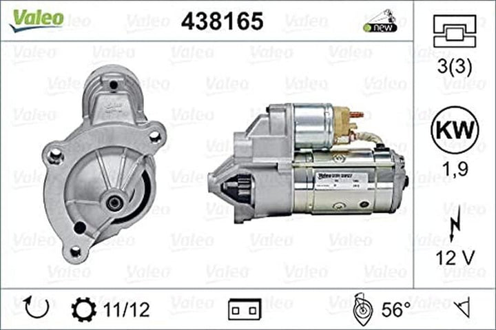 VALEO 438165 Starter Nennleistung: 1,9 kW Stop & Start: NO Zähnezahl: 11/12 zähne Spannung: 12 V Dre