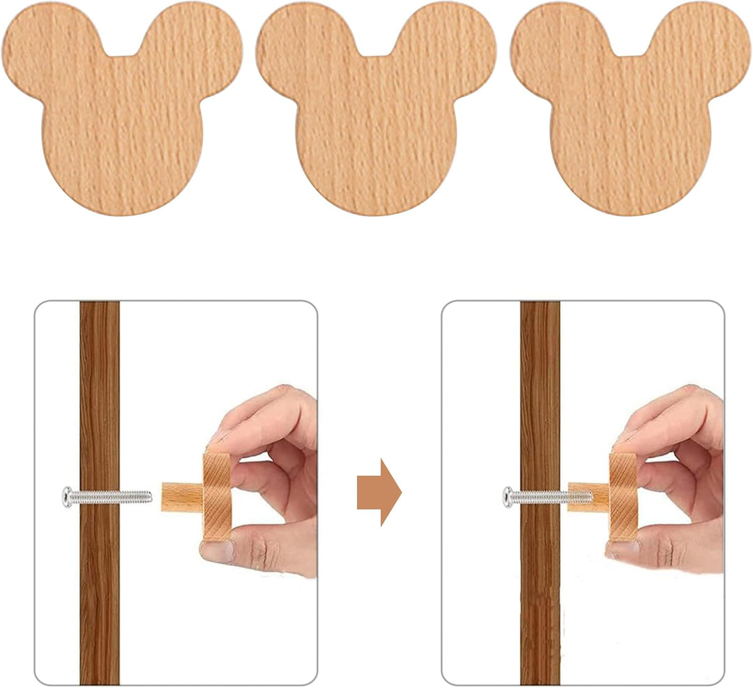 Auped 12PS Mickey geformte hölzerne Knöpfe, hölzerne Schubladenschubladen, natürliche Mickey geformt
