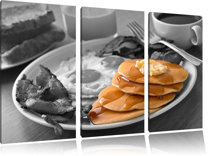 Leckere Pancakes zum Frühstück schwarz/weiss 3-Teiler Leinwandbild 120x80 Bild auf Leinwand, XXL rie
