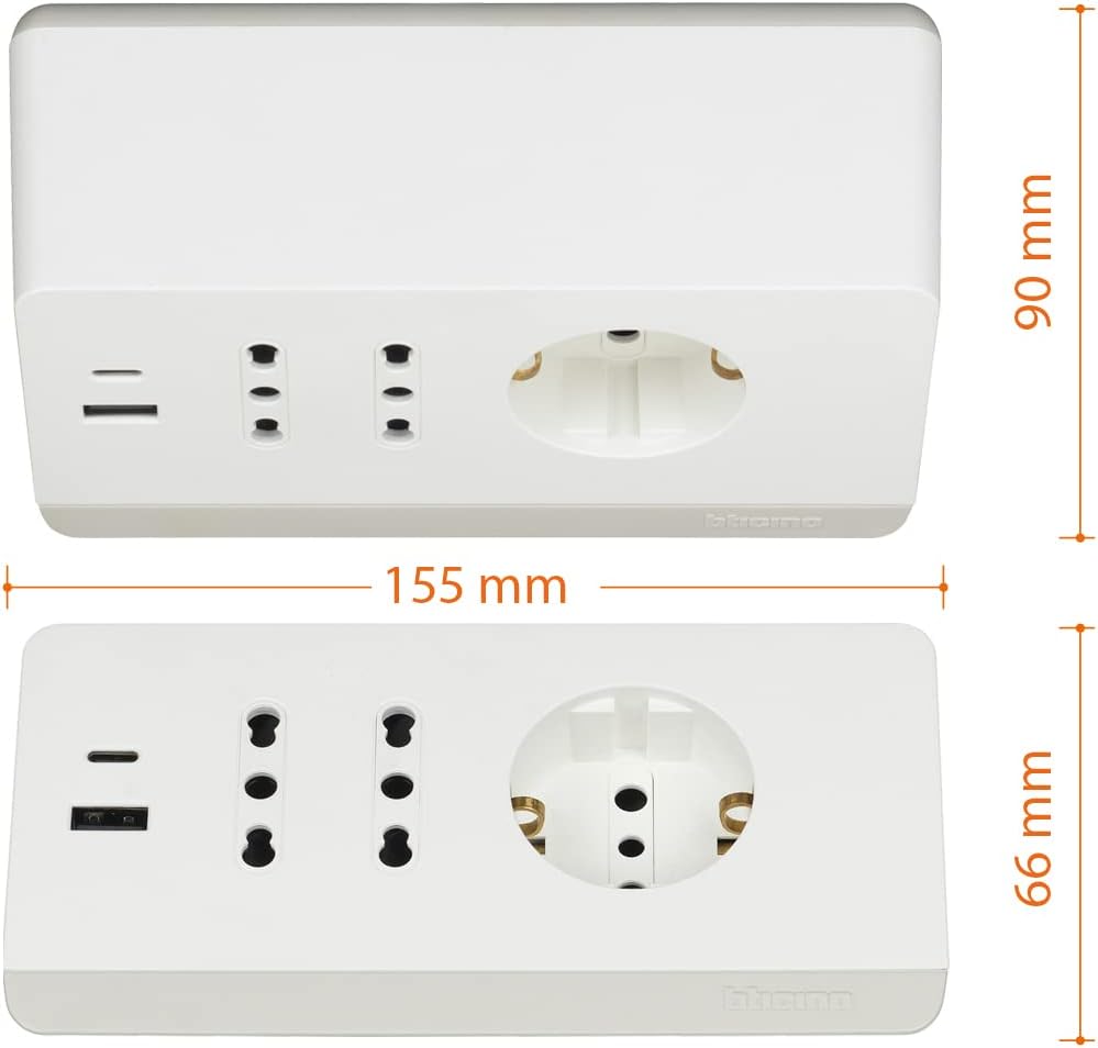 BTICINO Steckdosenleiste mit 5 Steckdosen, 2 USB-Steckdosen 3 A, 1 Mehrzweck-Schuko 10/16 A und 2 Zw