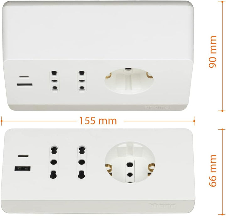 BTICINO Steckdosenleiste mit 5 Steckdosen, 2 USB-Steckdosen 3 A, 1 Mehrzweck-Schuko 10/16 A und 2 Zw