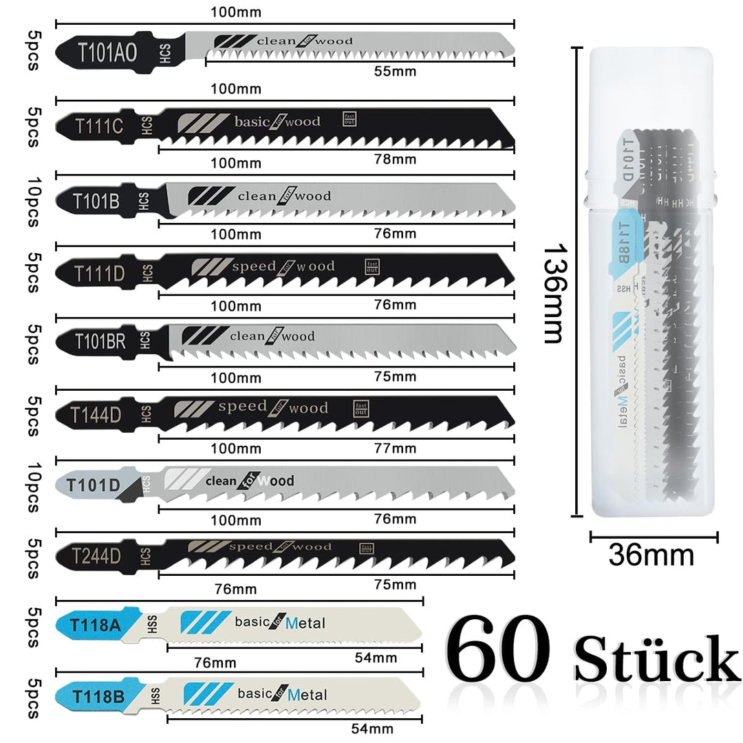 60tlg Stichsägeblätter Set, T-Schaft Stichsägeblätter für Holz, Kunststoff und Metall, Sägeblätter S
