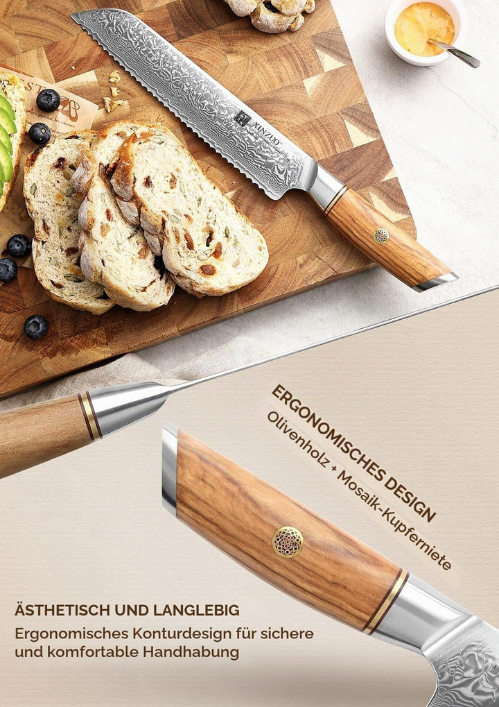 XINZUO Damaststahl Brotmesser 21.2cm, Damastpulverstahl 73 Schichten Küchenmesser, Profi Scharf Dama