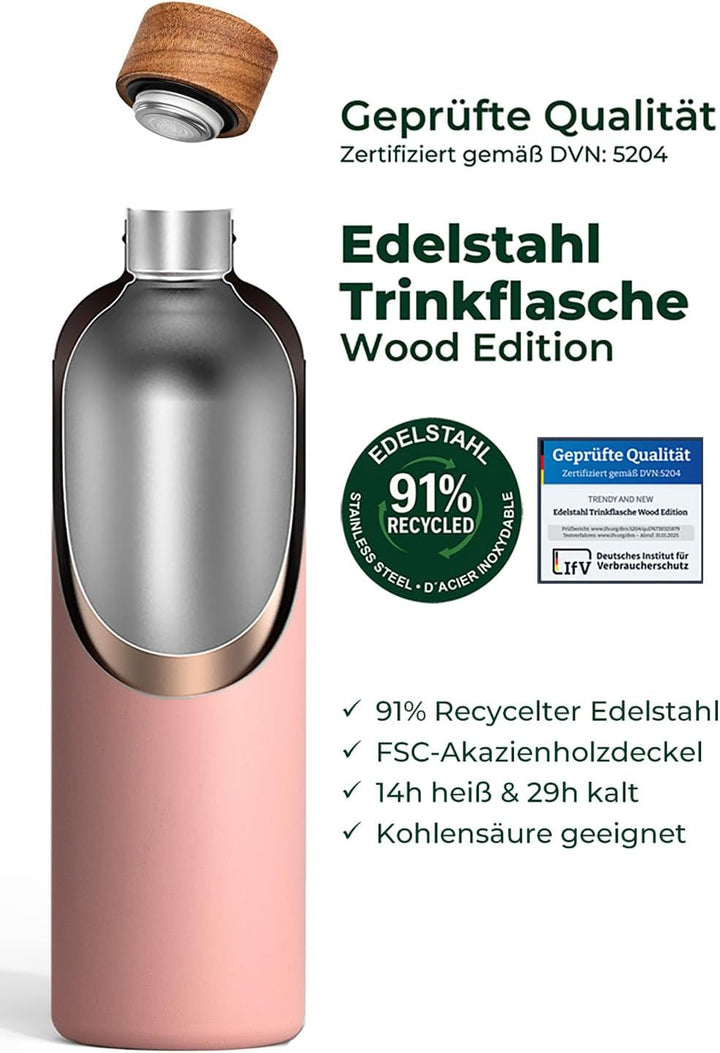 T&amp;N Edelstahl Trinkflasche 750ml, Thermosflasche 0.75l mit Akazienholz Deckel, Isolierte Wasserflasc