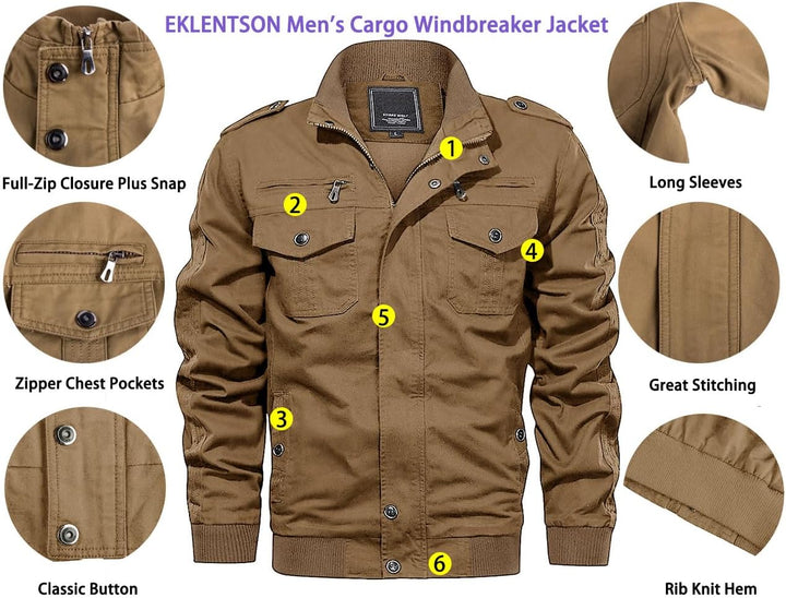 EKLENTSON Herren Arbeitsjacke Workwear Übergangsjacke Cargo Jacke mit Vielen Taschen S Khaki #91, S