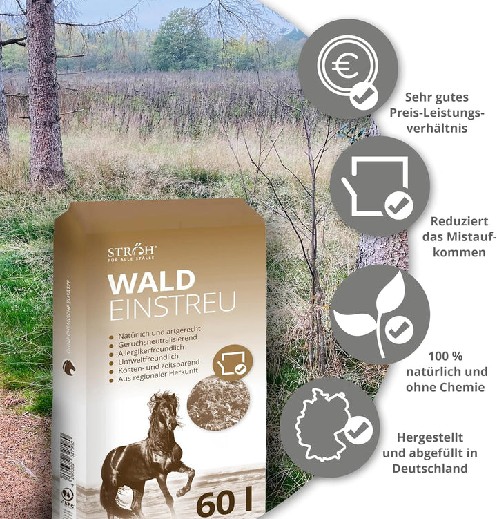 STRÖH Waldeinstreu - Naturbelassene Holzschnitzel - Stall Einstreu - 60L | Staubfrei &amp; geruchsneutra
